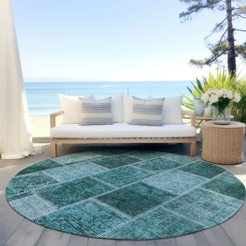 8' Teal Blue Aqua And Charcoal Round Patchwork Washable Indoor Outdoor Area Rug Photo 6