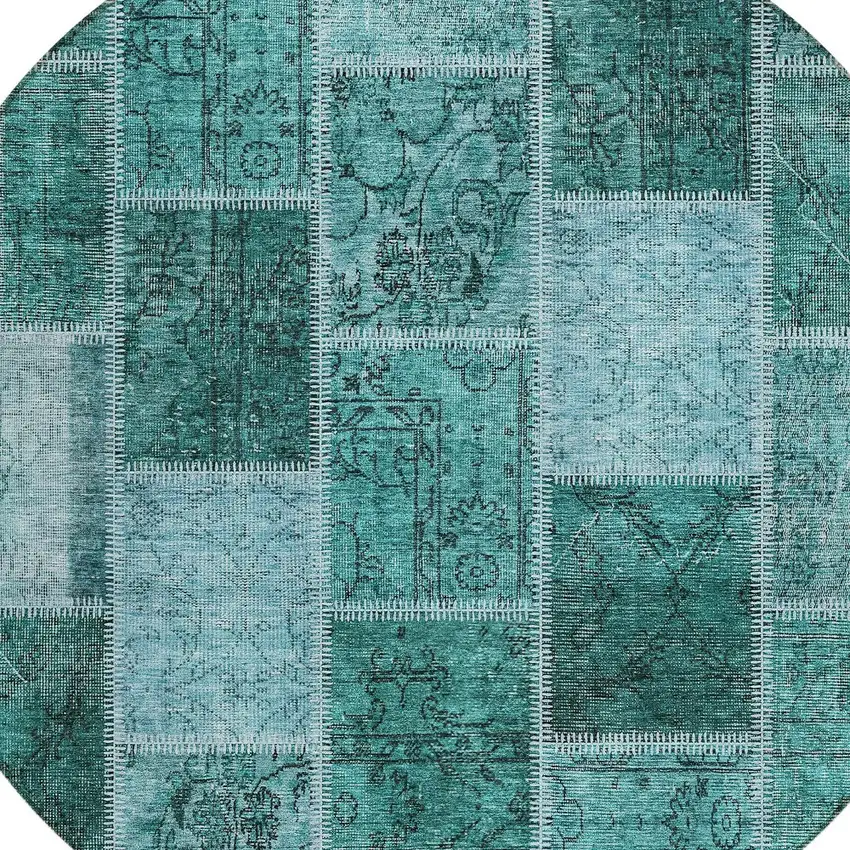 8' Teal Blue Aqua And Charcoal Round Patchwork Washable Indoor Outdoor Area Rug Photo 4