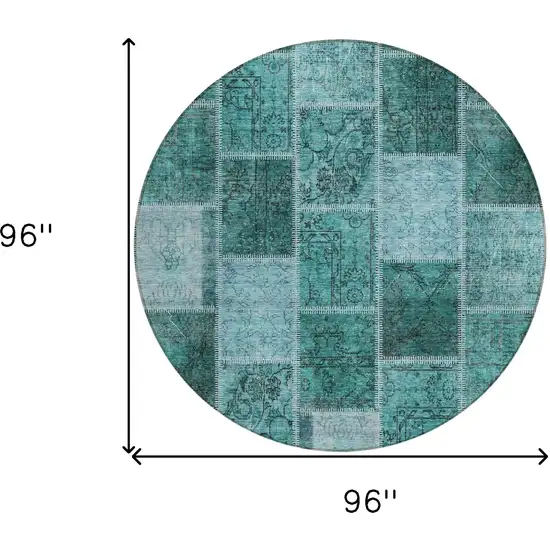 8' Teal Blue Aqua And Charcoal Round Patchwork Washable Indoor Outdoor Area Rug Photo 8