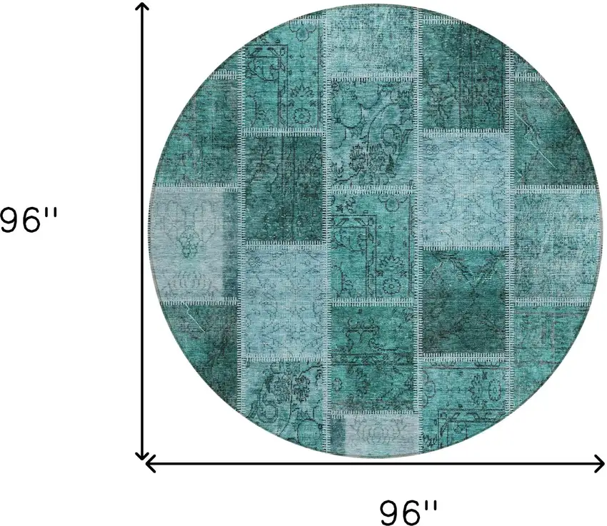 8' Teal Blue Aqua And Charcoal Round Patchwork Washable Indoor Outdoor Area Rug Photo 8