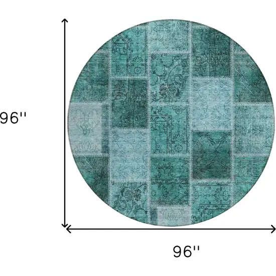 8' Teal Blue Aqua And Charcoal Round Patchwork Washable Indoor Outdoor Area Rug Photo 8