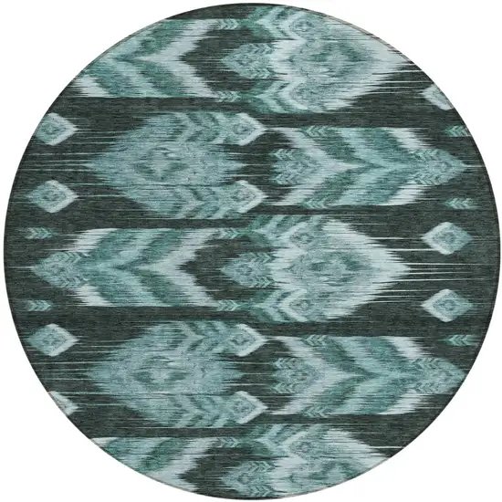 8' Teal Blue Aqua And Charcoal Round Southwestern Washable Indoor Outdoor Area Rug Photo 2