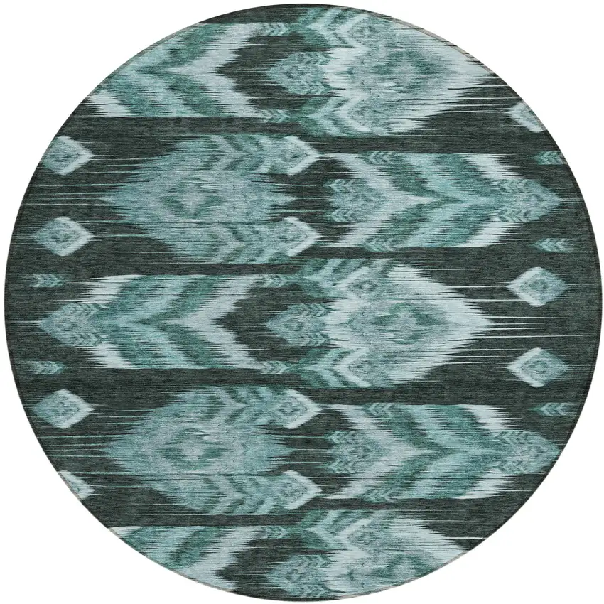 8' Teal Blue Aqua And Charcoal Round Southwestern Washable Indoor Outdoor Area Rug Photo 2