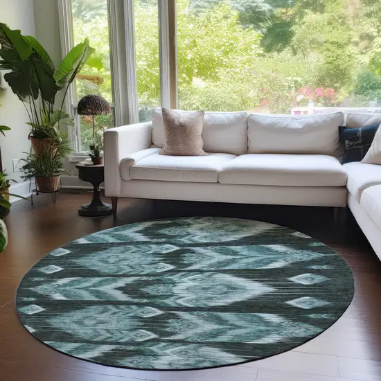 8' Teal Blue Aqua And Charcoal Round Southwestern Washable Indoor Outdoor Area Rug Photo 7