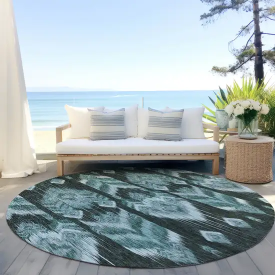 8' Teal Blue Aqua And Charcoal Round Southwestern Washable Indoor Outdoor Area Rug Photo 6