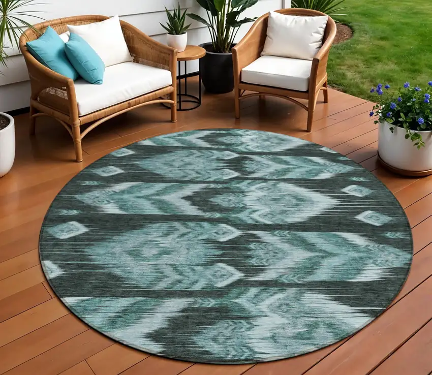 8' Teal Blue Aqua And Charcoal Round Southwestern Washable Indoor Outdoor Area Rug Photo 1