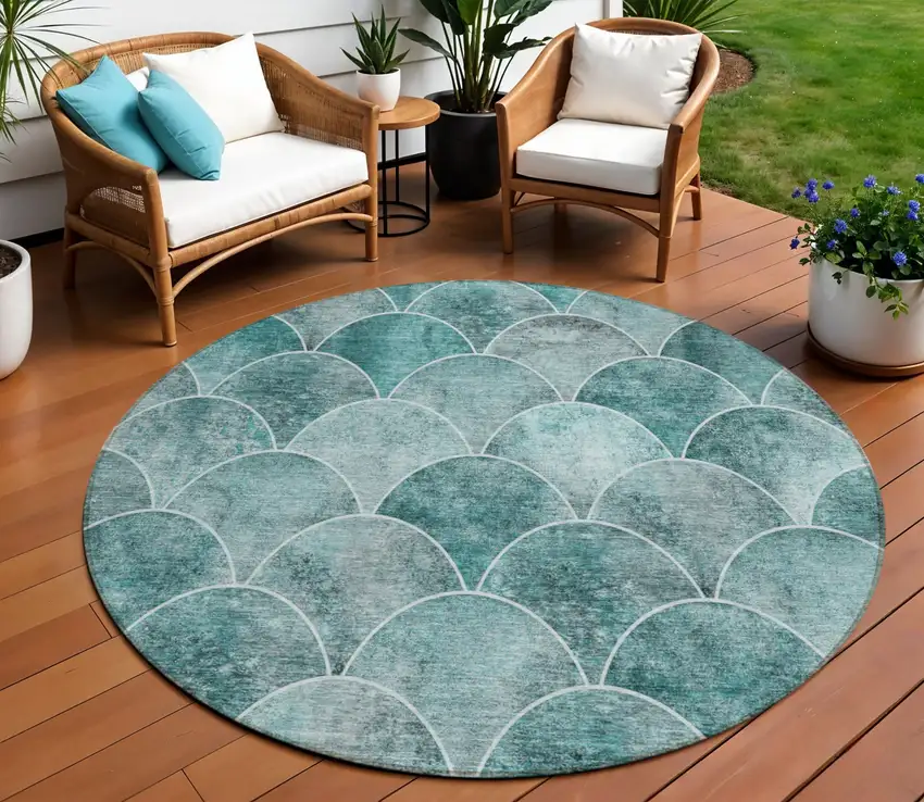 8' Teal Blue Aqua And Gray Round Abstract Washable Indoor Outdoor Area Rug Photo 1