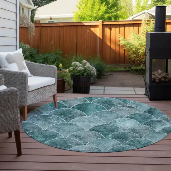 8' Teal Blue Aqua And Gray Round Abstract Washable Indoor Outdoor Area Rug Photo 5
