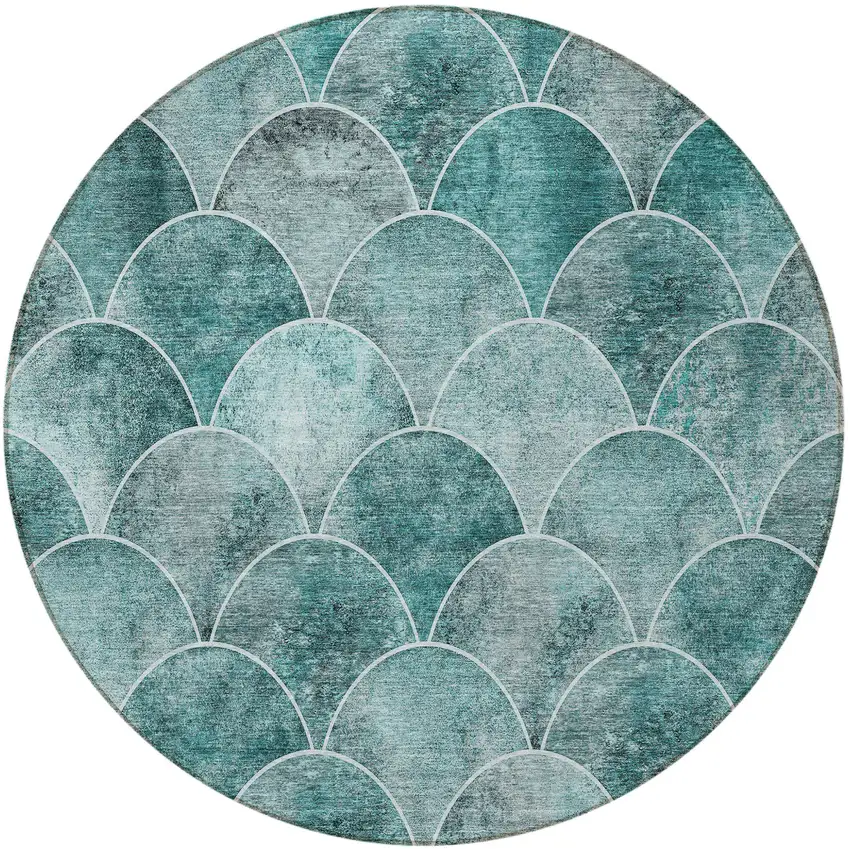 8' Teal Blue Aqua And Gray Round Abstract Washable Indoor Outdoor Area Rug Photo 7