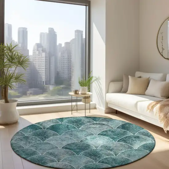 8' Teal Blue Aqua And Gray Round Abstract Washable Indoor Outdoor Area Rug Photo 6