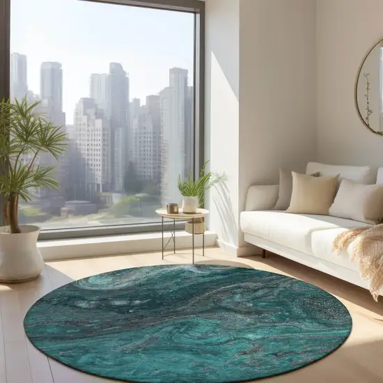 8' Teal Blue Aqua And Gray Round Abstract Washable Indoor Outdoor Area Rug Photo 7