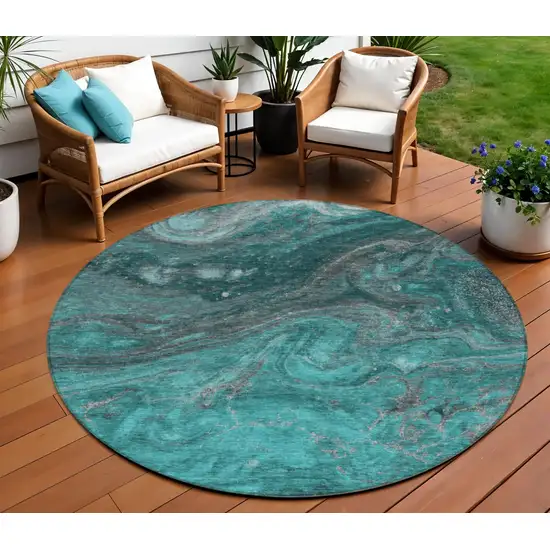 8' Teal Blue Aqua And Gray Round Abstract Washable Indoor Outdoor Area Rug Photo 1