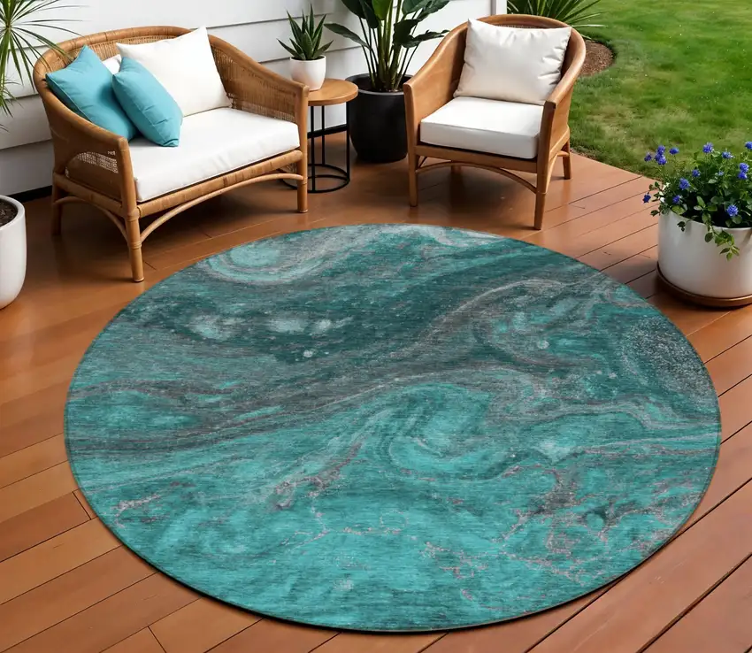 8' Teal Blue Aqua And Gray Round Abstract Washable Indoor Outdoor Area Rug Photo 1