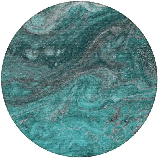 8' Teal Blue Aqua And Gray Round Abstract Washable Indoor Outdoor Area Rug Photo 2