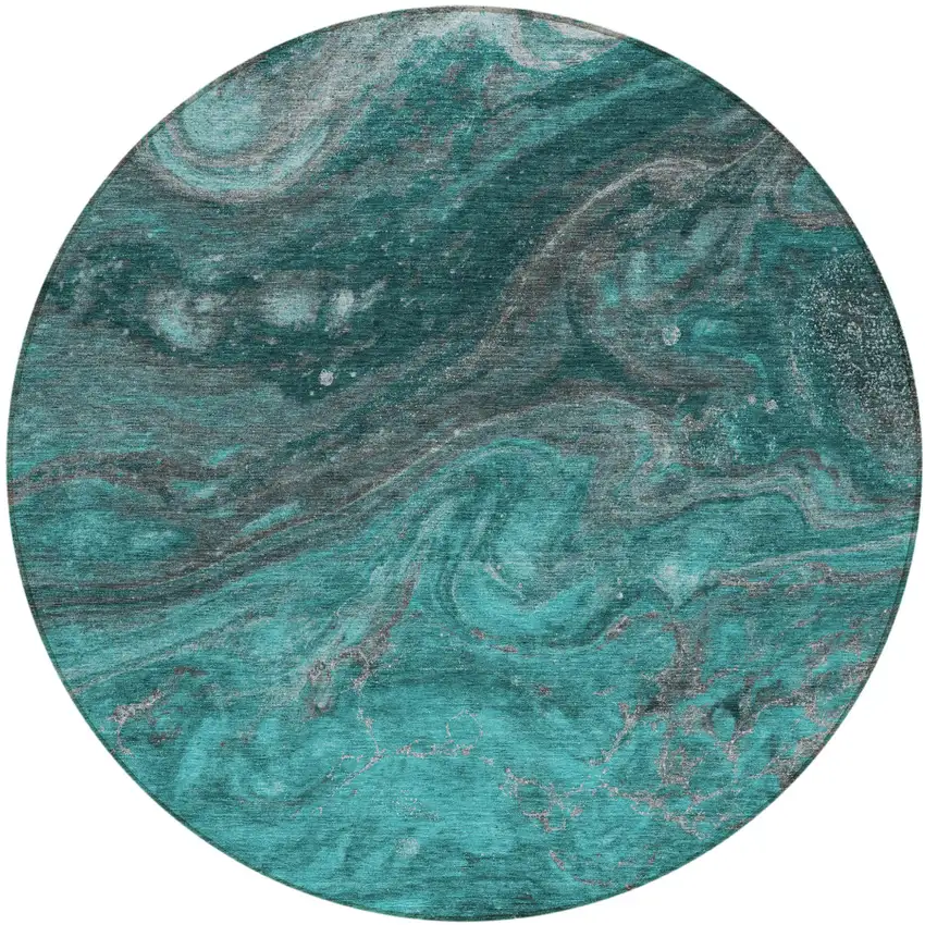 8' Teal Blue Aqua And Gray Round Abstract Washable Indoor Outdoor Area Rug Photo 2