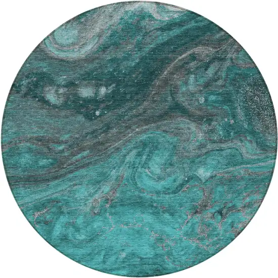8' Teal Blue Aqua And Gray Round Abstract Washable Indoor Outdoor Area Rug Photo 2