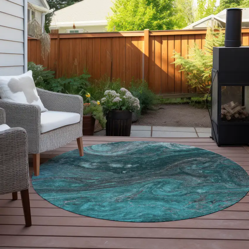 8' Teal Blue Aqua And Gray Round Abstract Washable Indoor Outdoor Area Rug Photo 6
