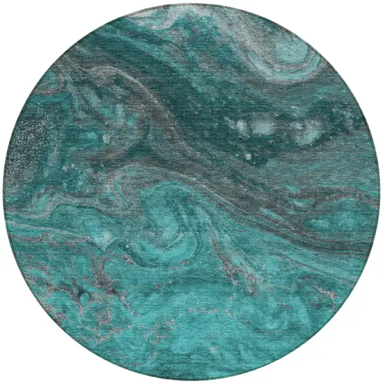 8' Teal Blue Aqua And Gray Round Abstract Washable Indoor Outdoor Area Rug Photo 5