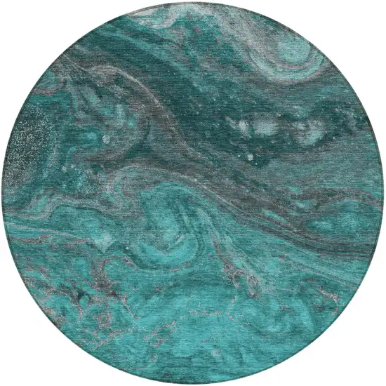 8' Teal Blue Aqua And Gray Round Abstract Washable Indoor Outdoor Area Rug Photo 5