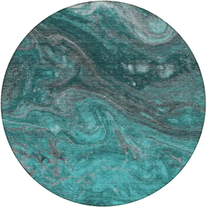 8' Teal Blue Aqua And Gray Round Abstract Washable Indoor Outdoor Area Rug Photo 5