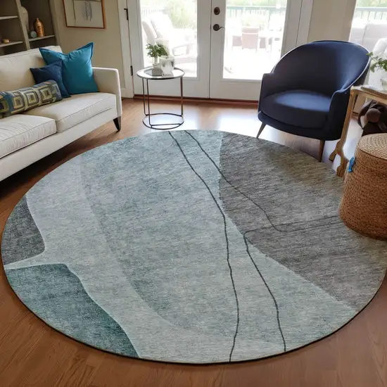 8' Teal Blue Aqua And Gray Round Abstract Washable Indoor Outdoor Area Rug Photo 7