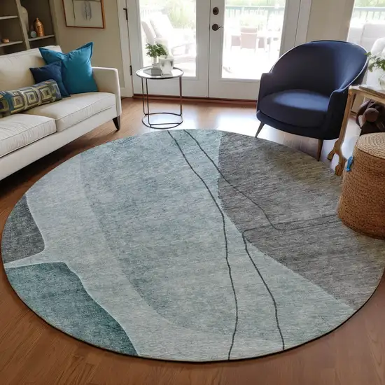 8' Teal Blue Aqua And Gray Round Abstract Washable Indoor Outdoor Area Rug Photo 7
