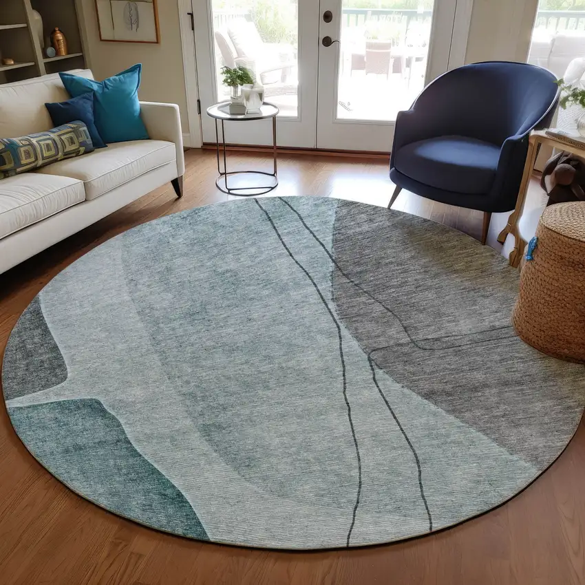 8' Teal Blue Aqua And Gray Round Abstract Washable Indoor Outdoor Area Rug Photo 7