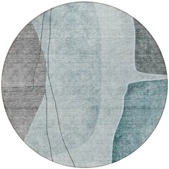 8' Teal Blue Aqua And Gray Round Abstract Washable Indoor Outdoor Area Rug Photo 5