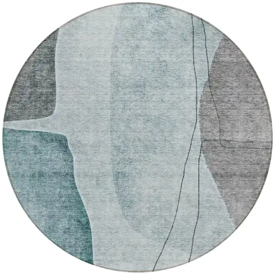 8' Teal Blue Aqua And Gray Round Abstract Washable Indoor Outdoor Area Rug Photo 4
