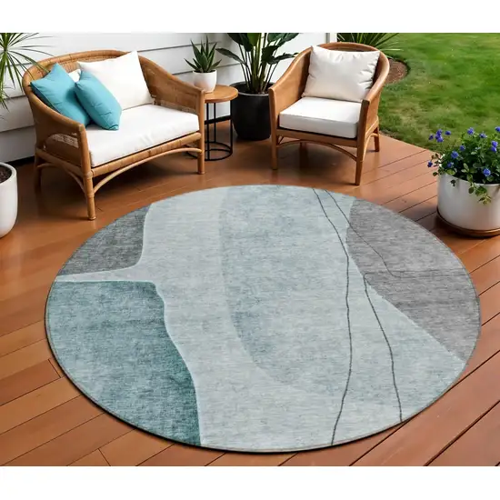 8' Teal Blue Aqua And Gray Round Abstract Washable Indoor Outdoor Area Rug Photo 1