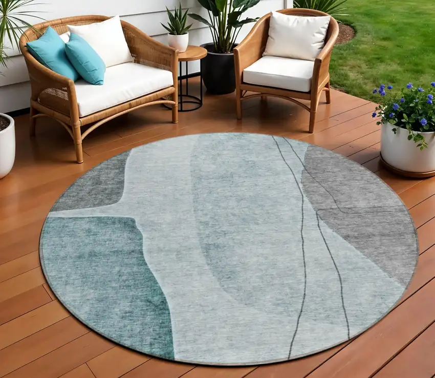 8' Teal Blue Aqua And Gray Round Abstract Washable Indoor Outdoor Area Rug Photo 1