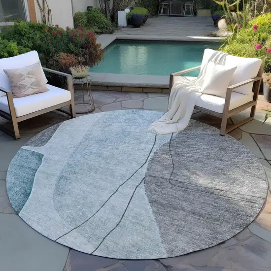 8' Teal Blue Aqua And Gray Round Abstract Washable Indoor Outdoor Area Rug Photo 6