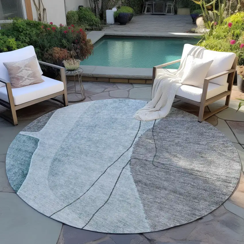 8' Teal Blue Aqua And Gray Round Abstract Washable Indoor Outdoor Area Rug Photo 6