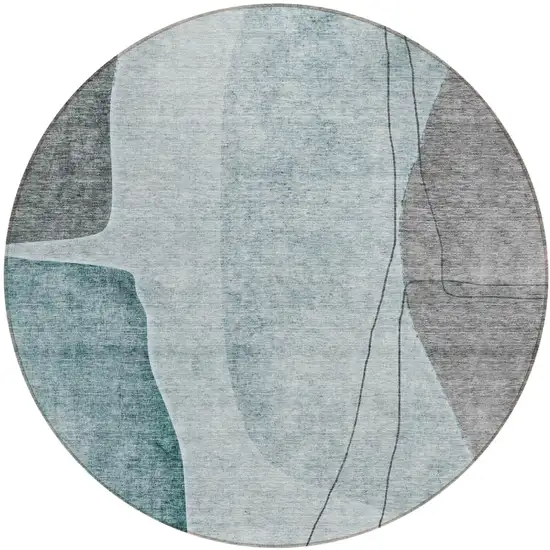 8' Teal Blue Aqua And Gray Round Abstract Washable Indoor Outdoor Area Rug Photo 1