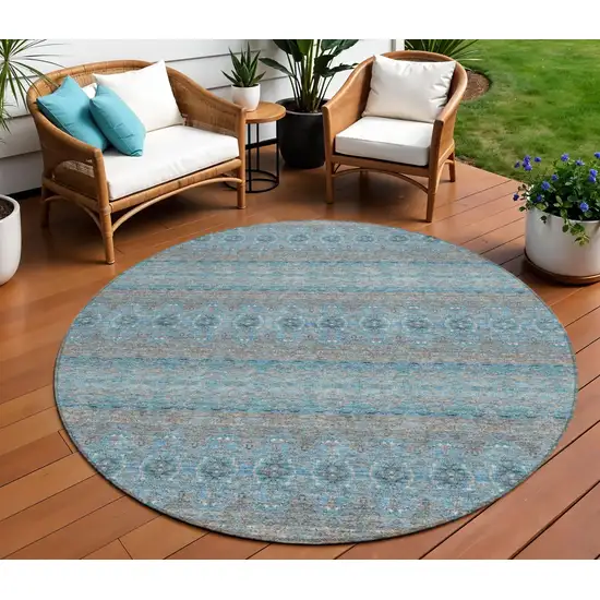 8' Teal Blue Aqua And Gray Round Floral Medallion Washable Indoor Outdoor Area Rug Photo 1