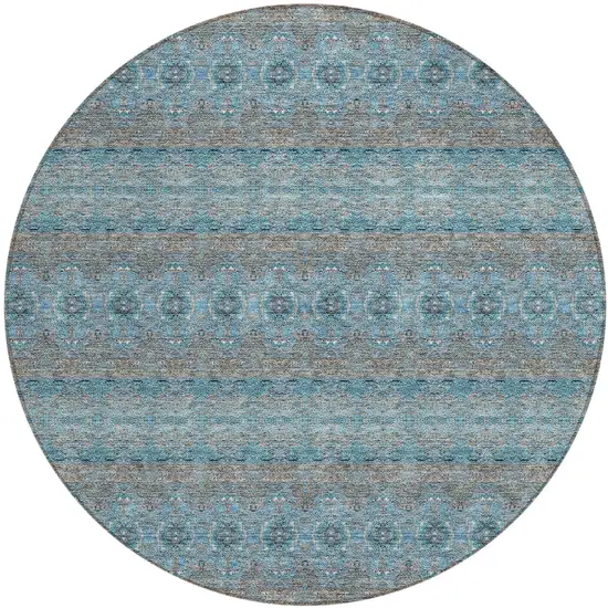 8' Teal Blue Aqua And Gray Round Floral Medallion Washable Indoor Outdoor Area Rug Photo 2