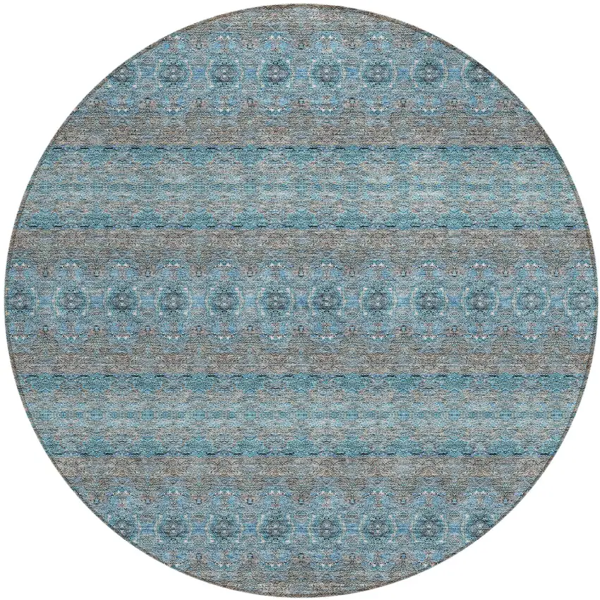 8' Teal Blue Aqua And Gray Round Floral Medallion Washable Indoor Outdoor Area Rug Photo 2