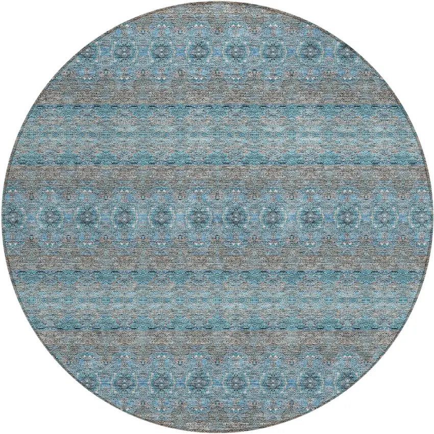 8' Teal Blue Aqua And Gray Round Floral Medallion Washable Indoor Outdoor Area Rug Photo 2