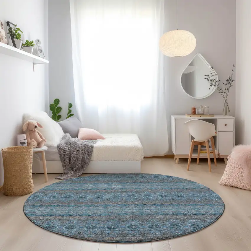 8' Teal Blue Aqua And Gray Round Floral Medallion Washable Indoor Outdoor Area Rug Photo 7