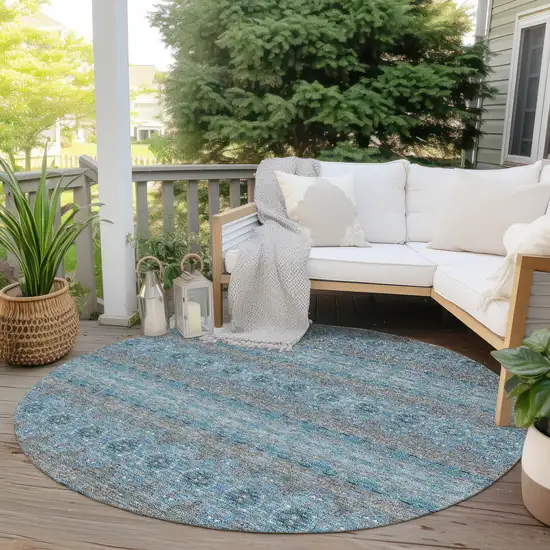 8' Teal Blue Aqua And Gray Round Floral Medallion Washable Indoor Outdoor Area Rug Photo 6