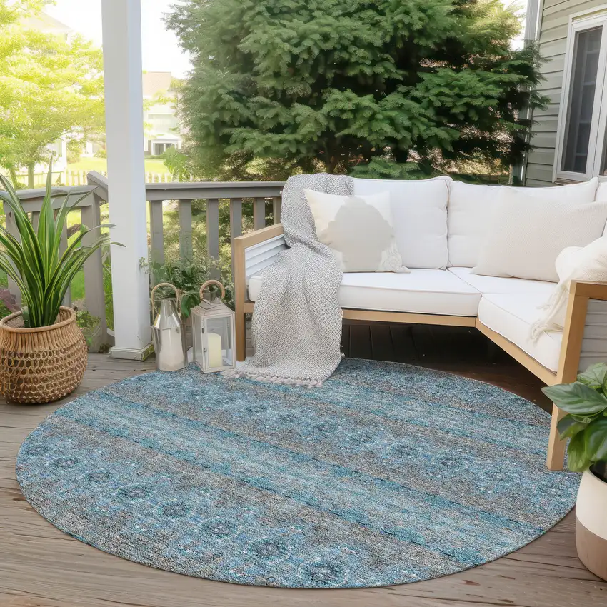 8' Teal Blue Aqua And Gray Round Floral Medallion Washable Indoor Outdoor Area Rug Photo 6
