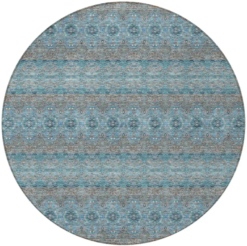 8' Teal Blue Aqua And Gray Round Floral Medallion Washable Indoor Outdoor Area Rug Photo 5