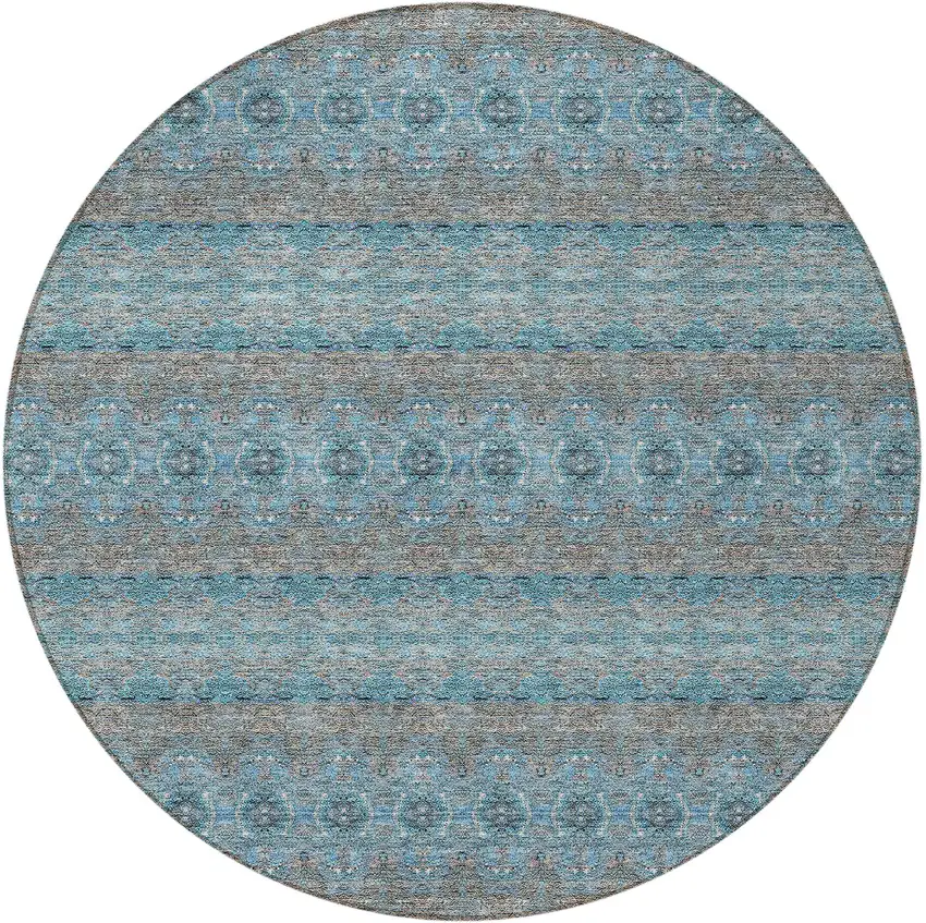 8' Teal Blue Aqua And Gray Round Floral Medallion Washable Indoor Outdoor Area Rug Photo 5