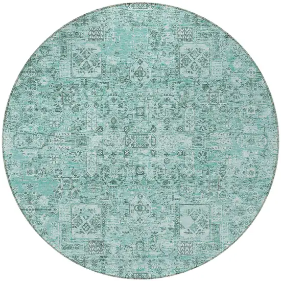 8' Teal Blue Aqua And Gray Round Floral Washable Indoor Outdoor Area Rug Photo 5