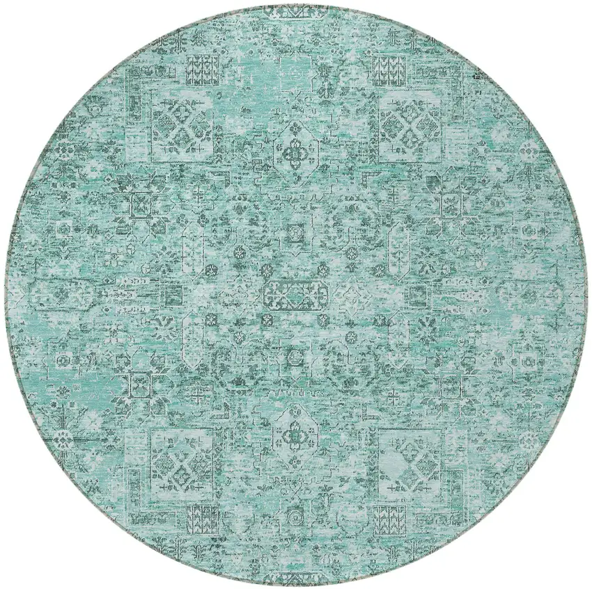 8' Teal Blue Aqua And Gray Round Floral Washable Indoor Outdoor Area Rug Photo 5
