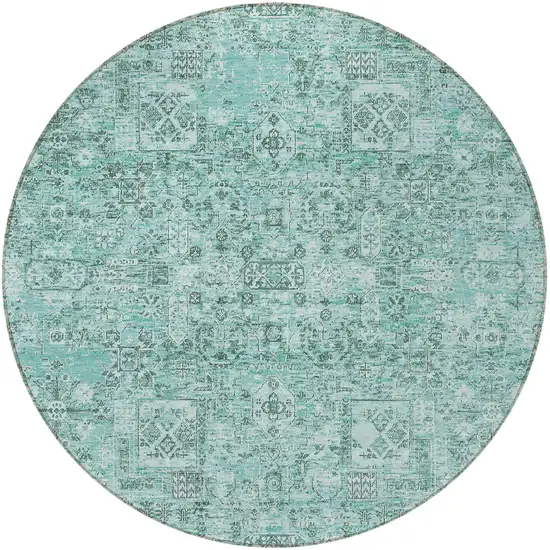 8' Teal Blue Aqua And Gray Round Floral Washable Indoor Outdoor Area Rug Photo 5