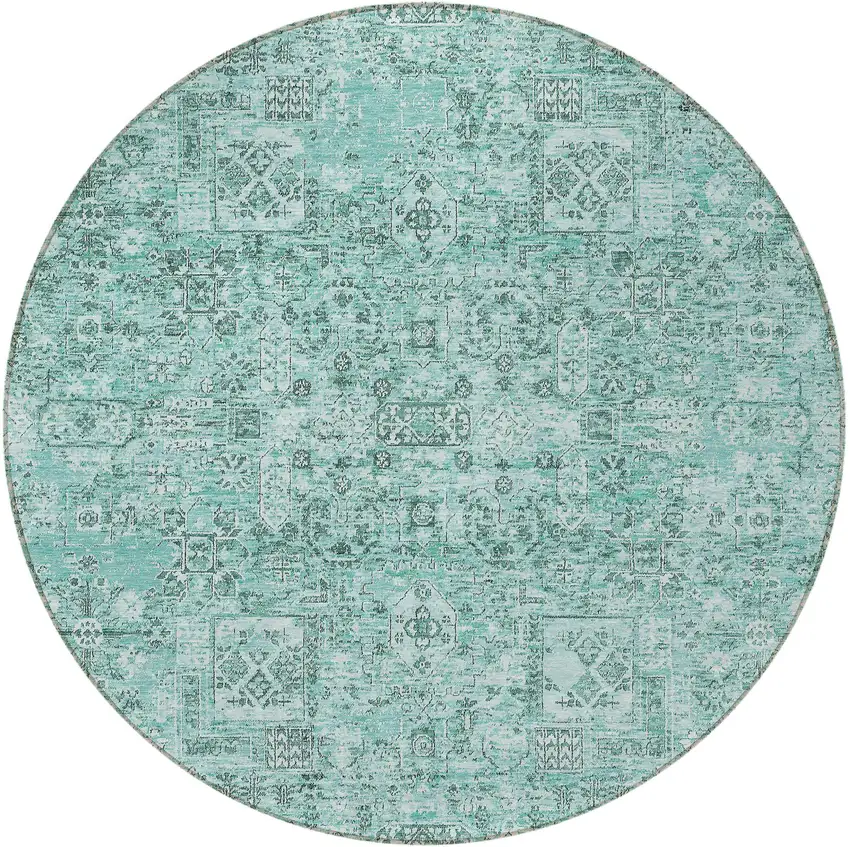 8' Teal Blue Aqua And Gray Round Floral Washable Indoor Outdoor Area Rug Photo 5