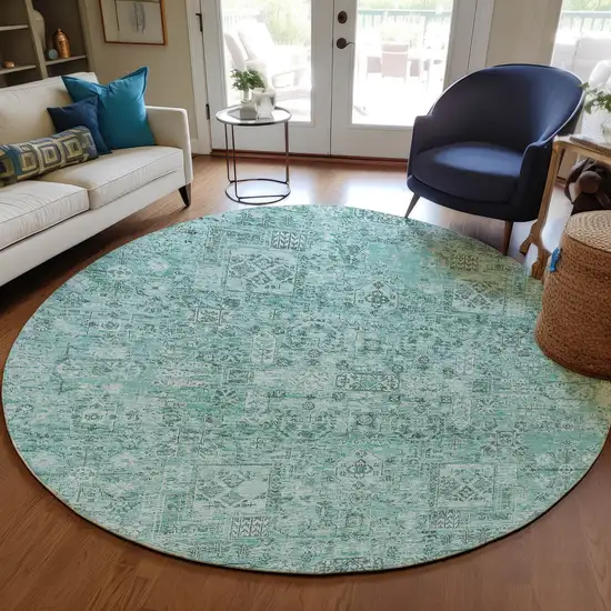 8' Teal Blue Aqua And Gray Round Floral Washable Indoor Outdoor Area Rug Photo 7