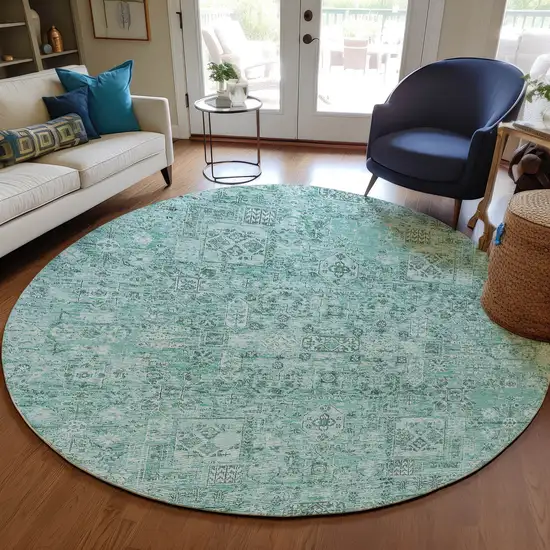 8' Teal Blue Aqua And Gray Round Floral Washable Indoor Outdoor Area Rug Photo 7