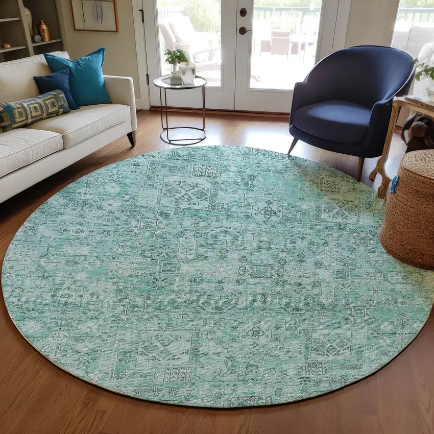8' Teal Blue Aqua And Gray Round Floral Washable Indoor Outdoor Area Rug Photo 7